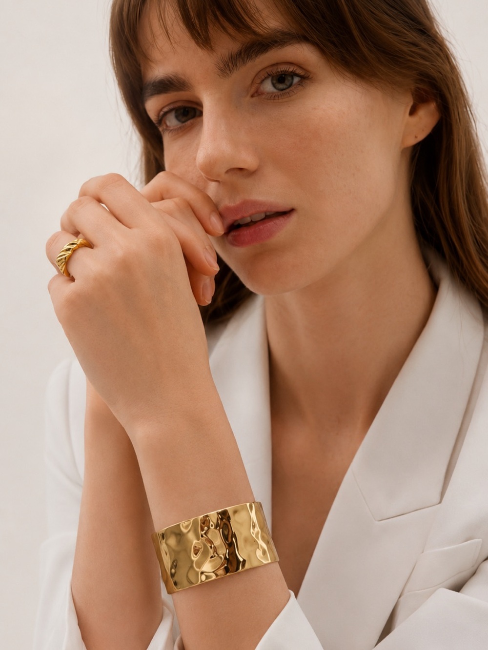 Wide Hammered Gold Cuff Bracelet Sculptural Statement Adjustable Open Bangle
